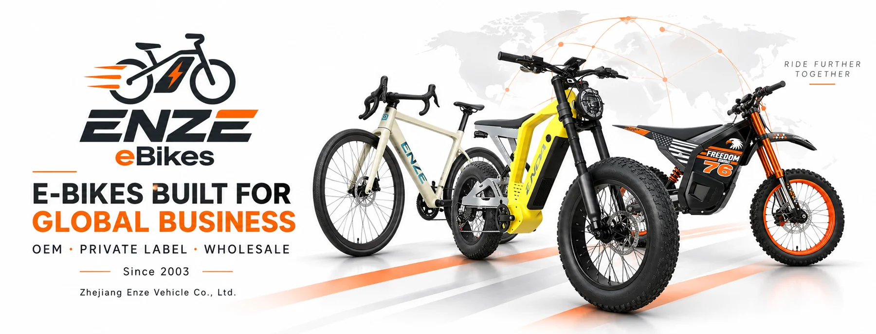 ENZE eBikes global business banner with three e-bike platforms